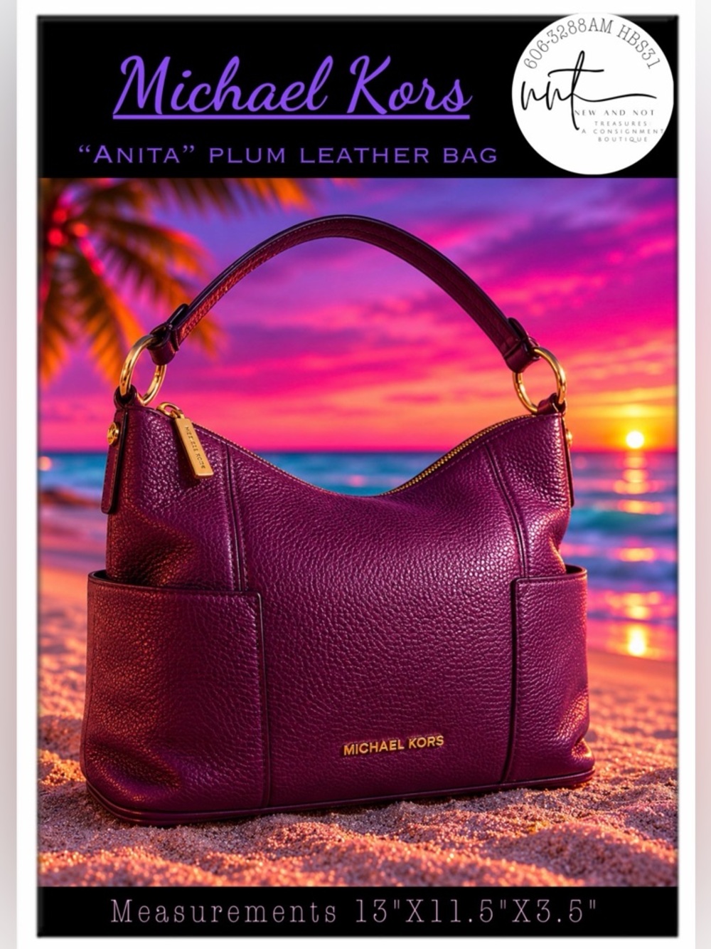 Michael Kors Anita Plum Pebbled Leather Shoulder Bag Gold Hardware Purse Large